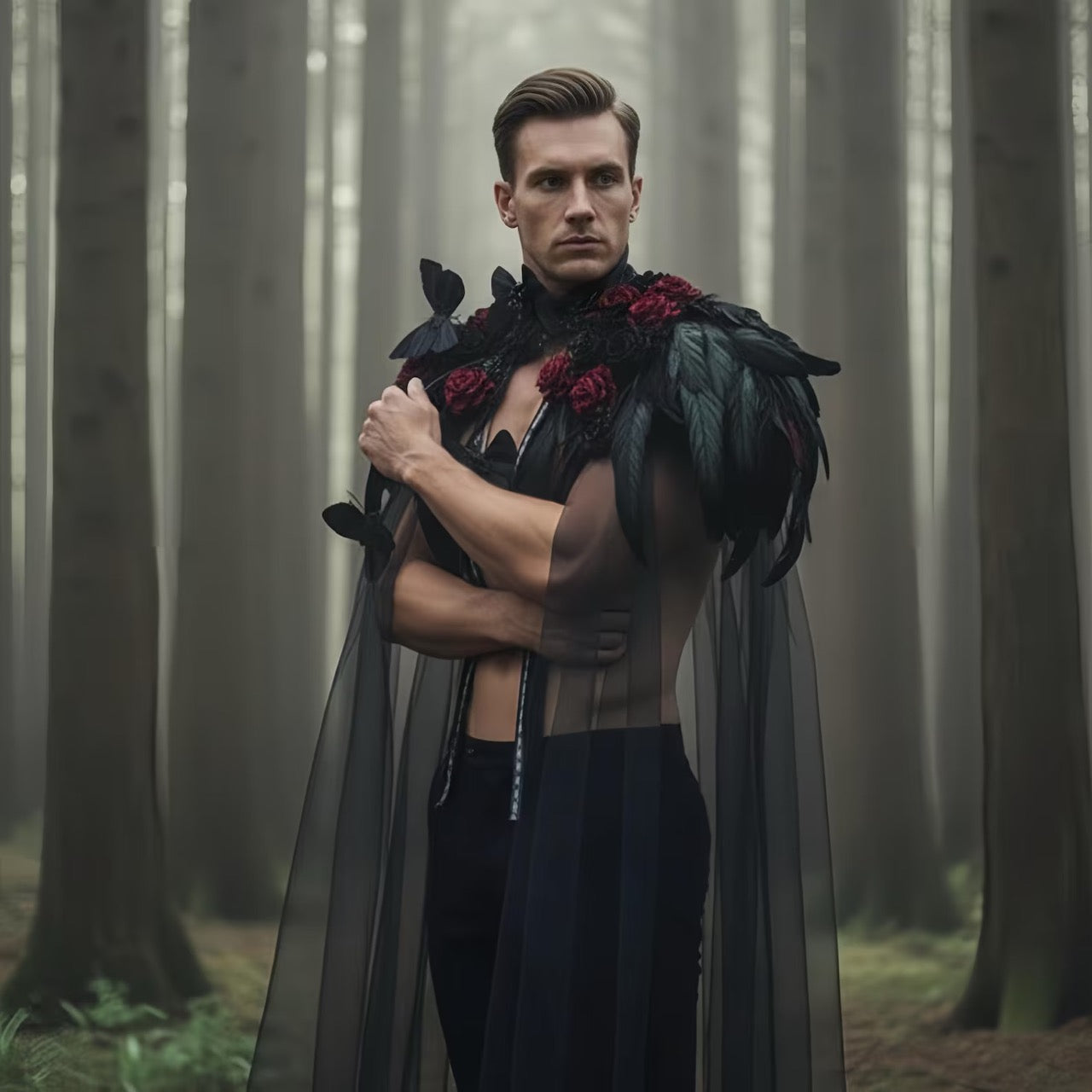 Black Gothic Feather Cape with Red Roses
