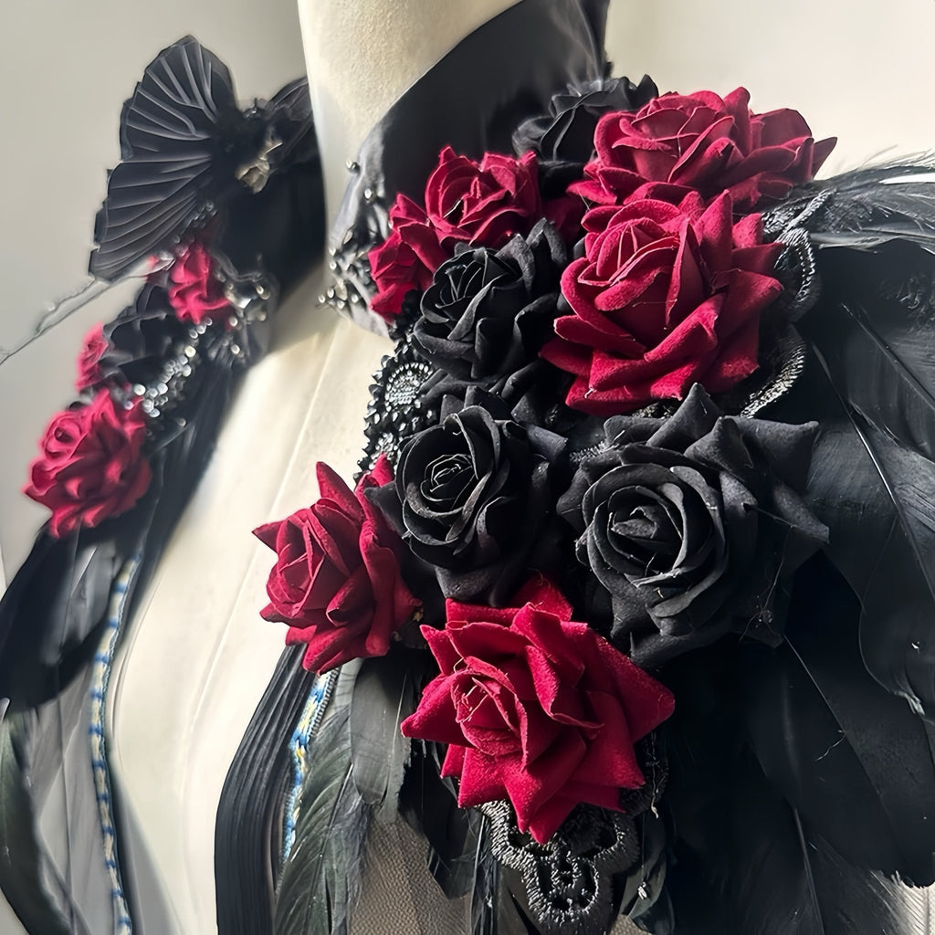 Black Gothic Feather Cape with Red Roses - EclipseAdorn