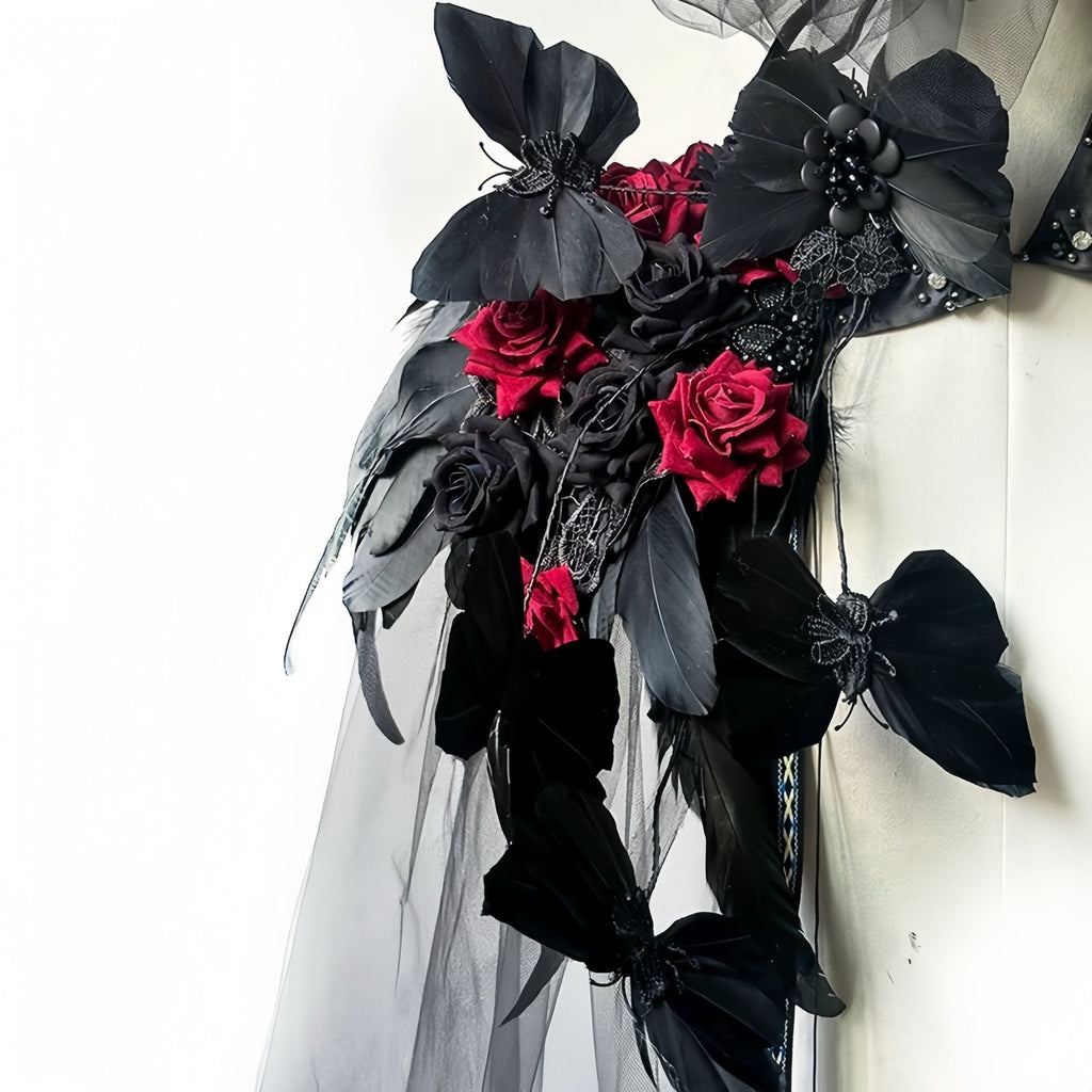Black Gothic Feather Cape with Red Roses - EclipseAdorn