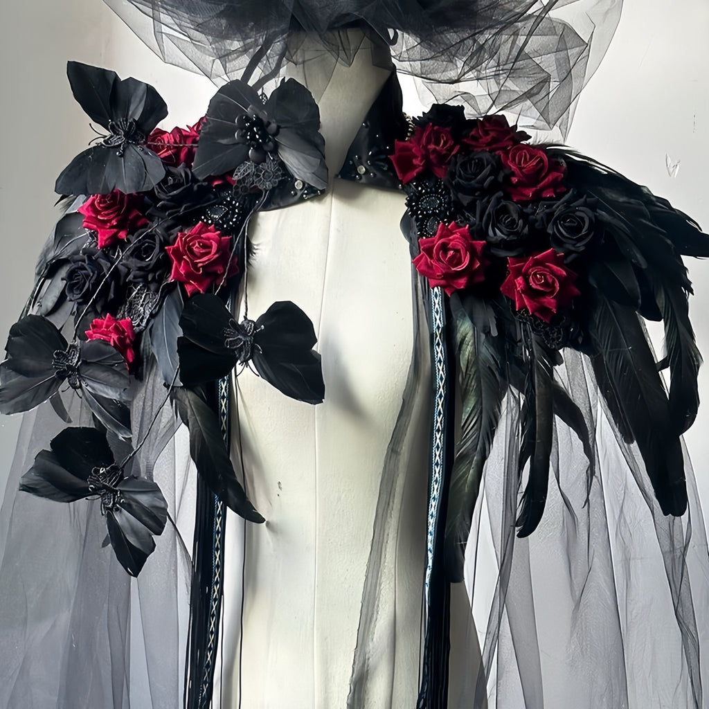 Black Gothic Feather Cape with Red Roses - EclipseAdorn