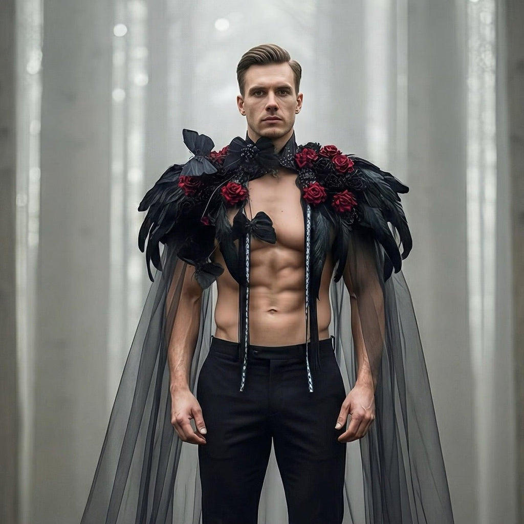 Black Gothic Feather Cape with Red Roses - EclipseAdorn
