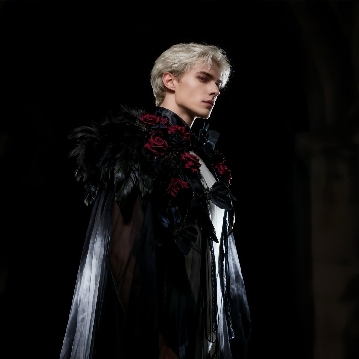 Black Gothic Feather Cape with Red Roses - EclipseAdorn
