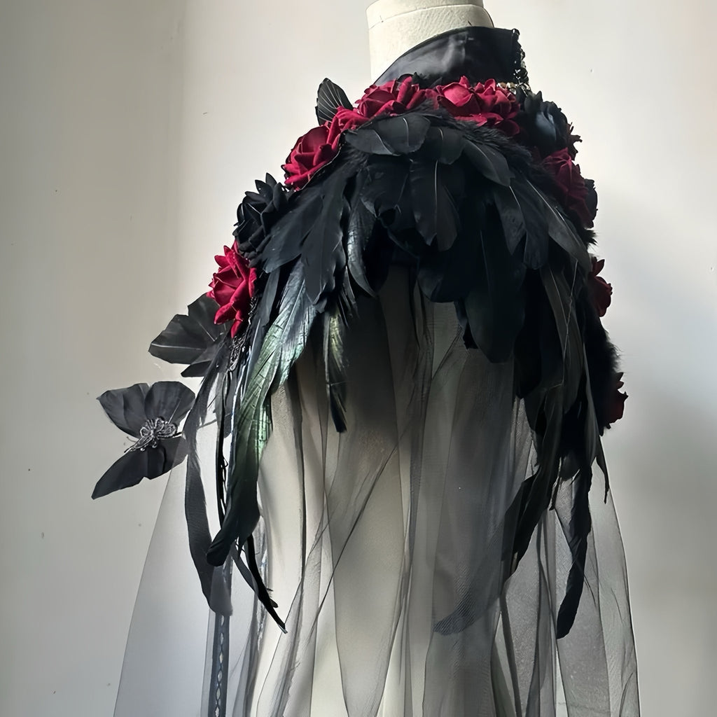 Black Gothic Feather Cape with Red Roses - EclipseAdorn