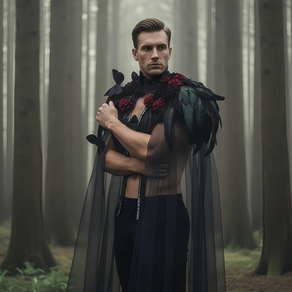 Black Gothic Feather Cape with Red Roses - EclipseAdorn