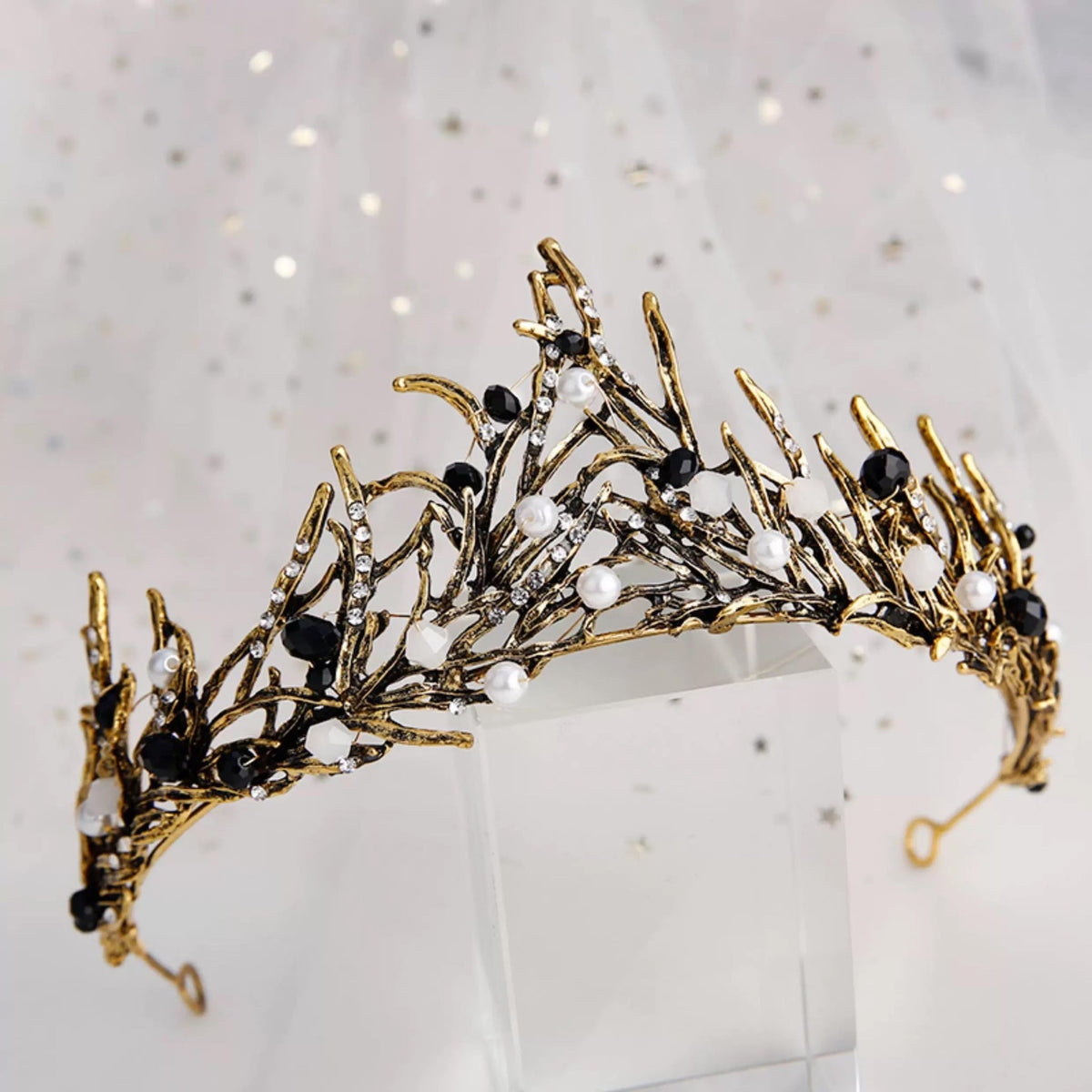 Black & White Pearl Rhinestone Branch Crown Crown #variant_title# - EclipseAdorn
