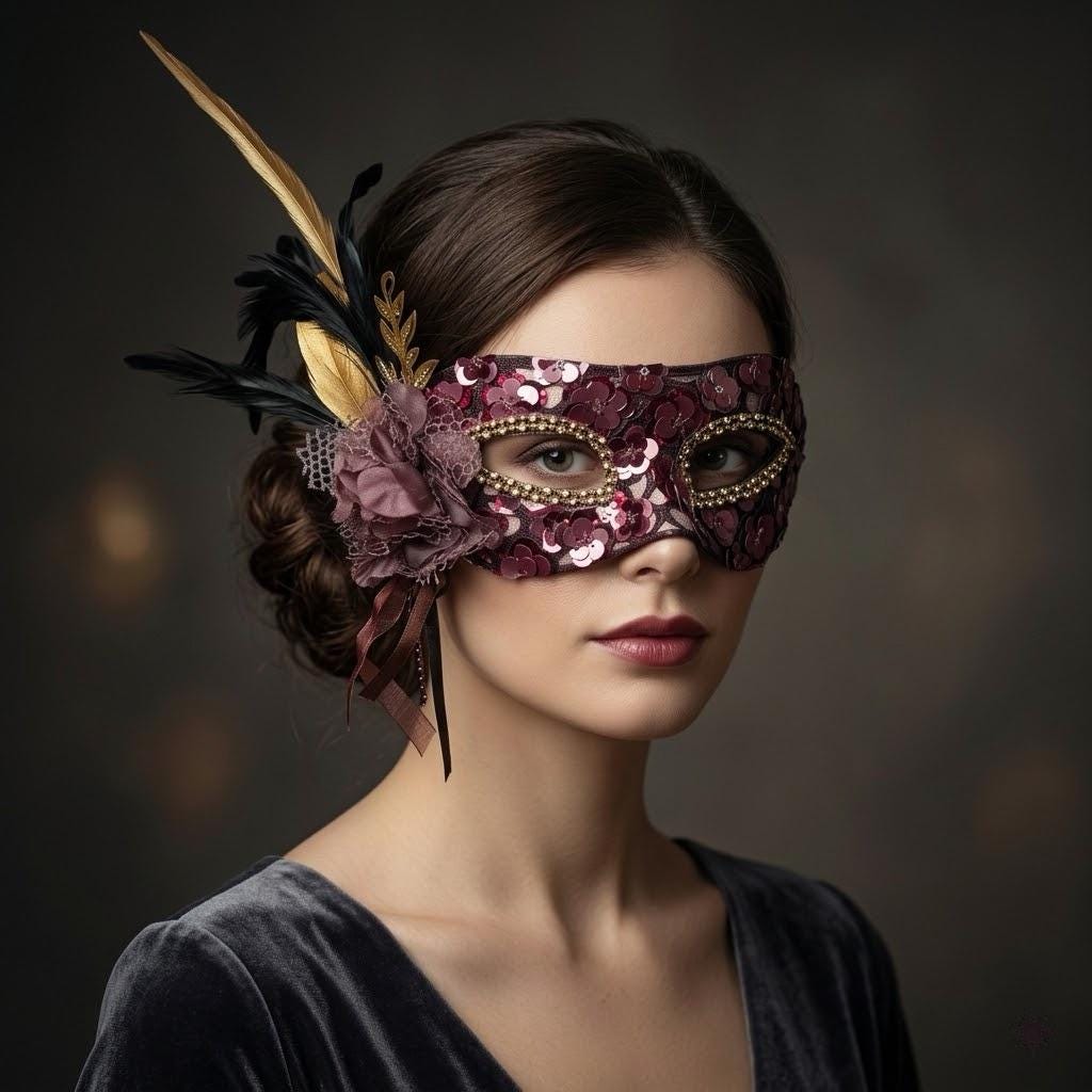 Burgundy Venetian Feather Sequin Masquerade Mask Masquerade Mask variant_title - EclipseAdorn