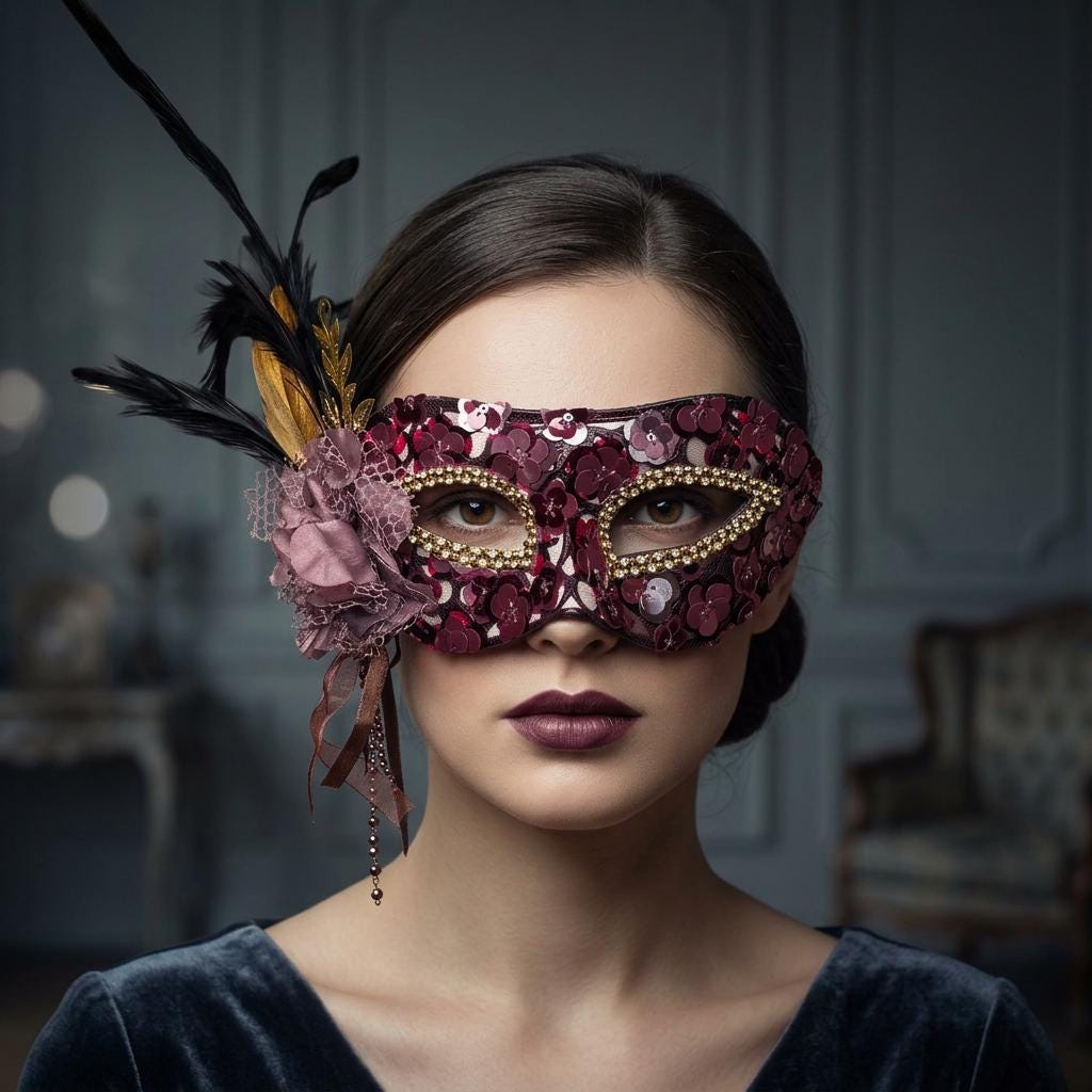 Burgundy Venetian Feather Sequin Masquerade Mask Masquerade Mask variant_title - EclipseAdorn