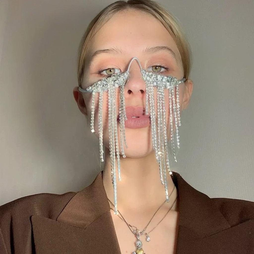 Handcrafted Gold & Silver Rhinestone Fringe Eyewear Masquerade Mask with crystal, rhinestone