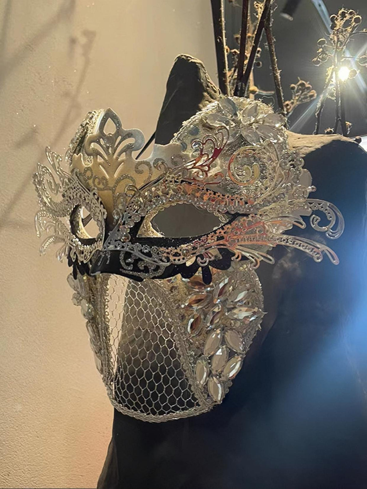 Detailed view of the handmade Silver Crystal Masquerade Mask