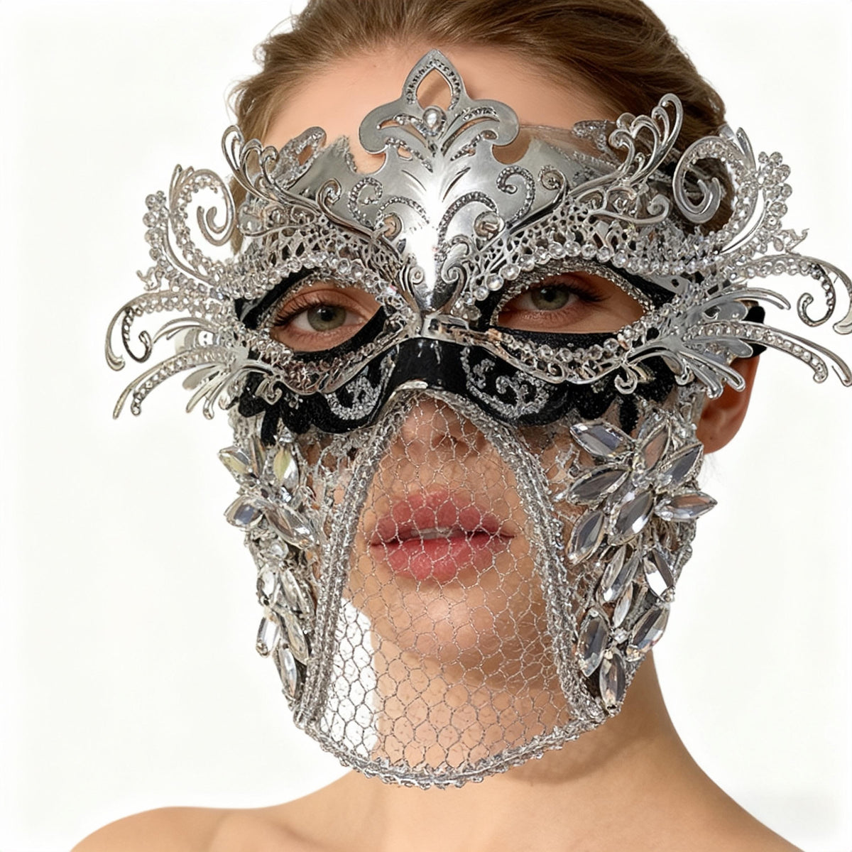 Handcrafted Silver Crystal Masquerade Mask with crystal, veil