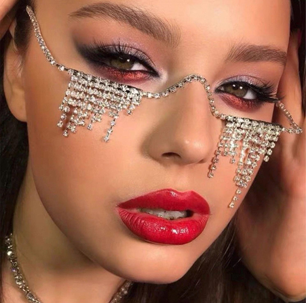 Detailed view of the handmade Gold & Silver Rhinestone Fringe Eyewear Masquerade Mask