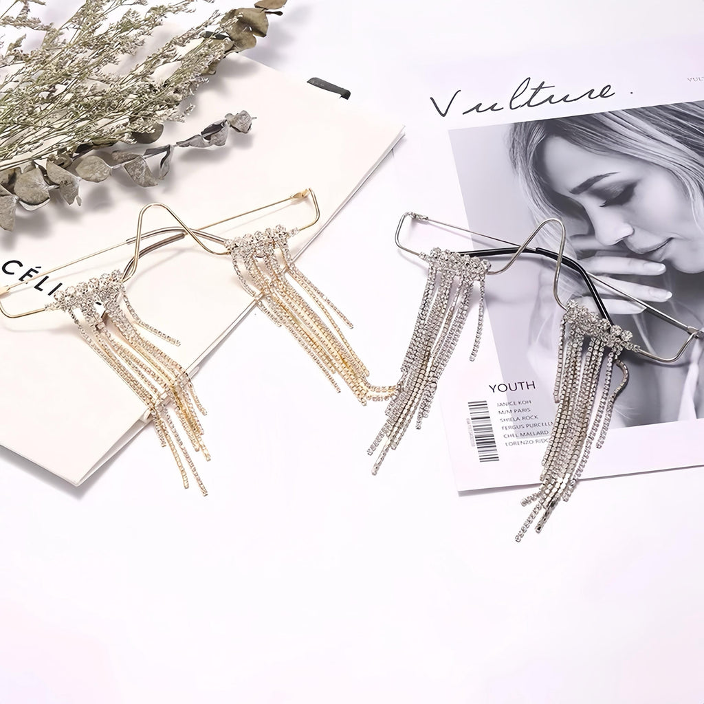 Artistic design details of the Gold & Silver Rhinestone Fringe Eyewear Masquerade Mask