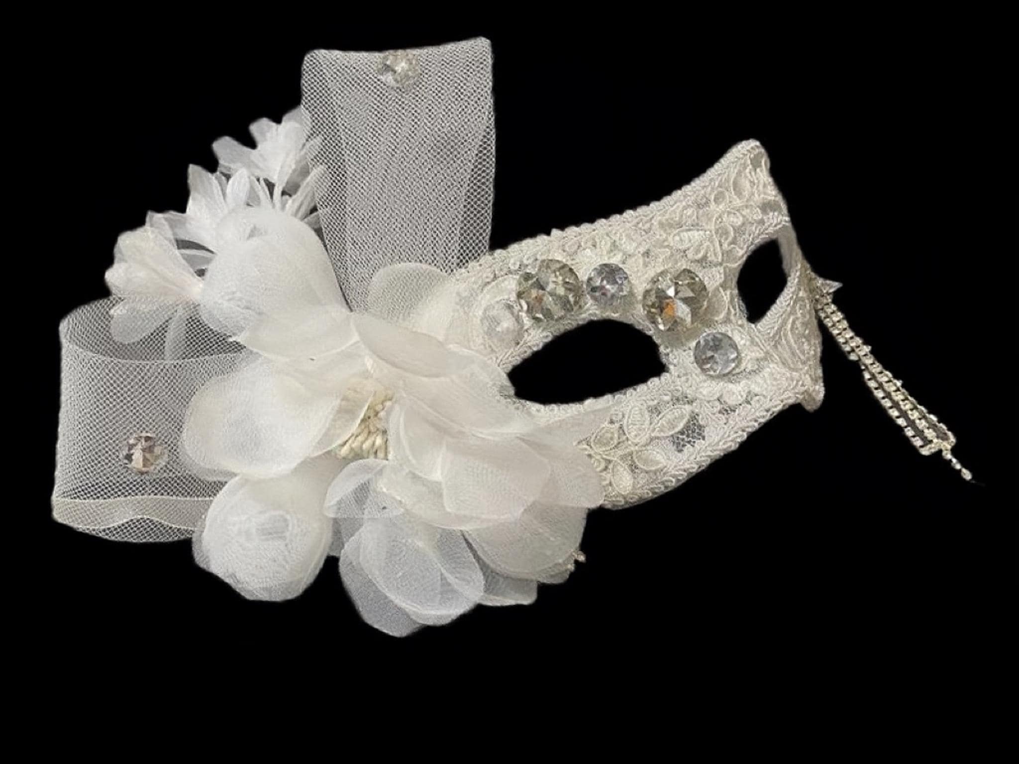 White Pearls Masquerade Mask displayed as wearable art