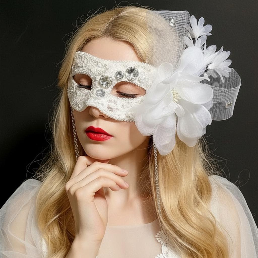 Detailed view of the handmade White Pearls Masquerade Mask
