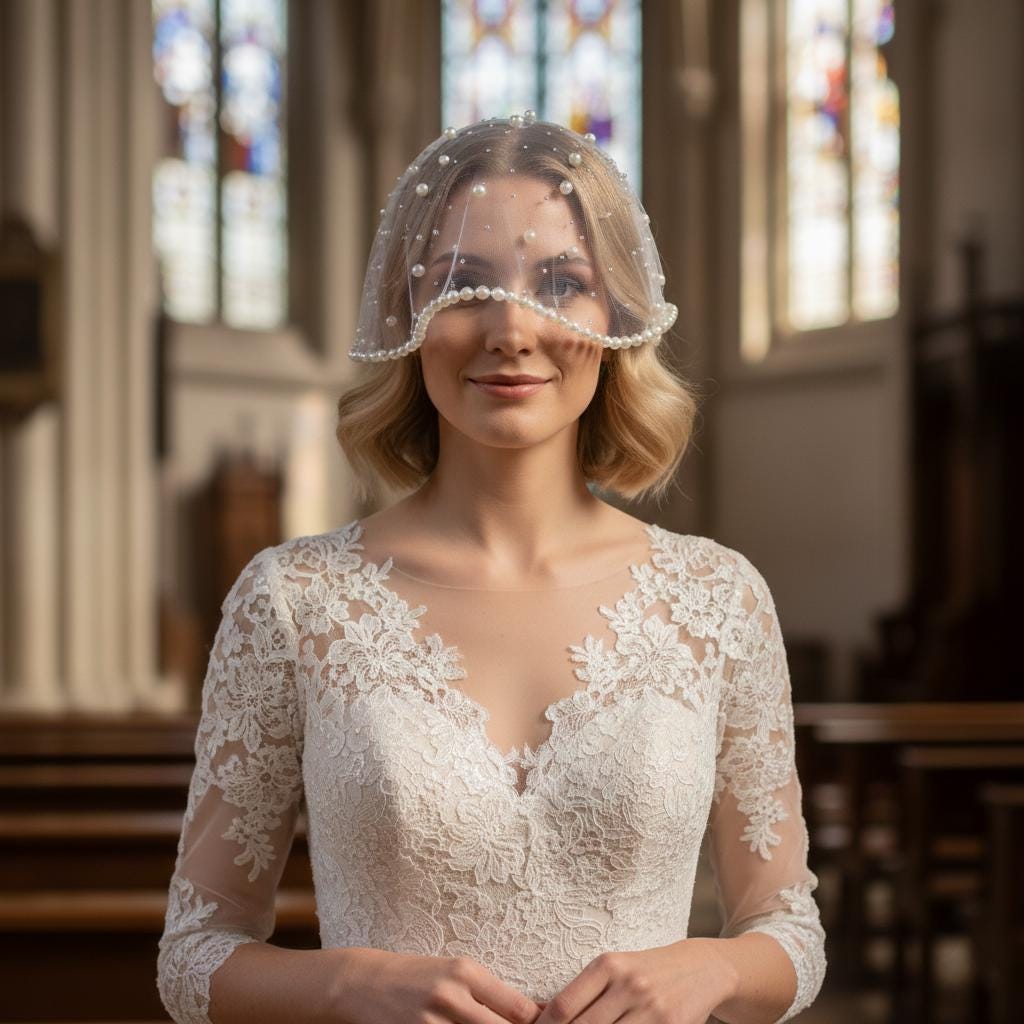Handcrafted White Short Pearl Bridal Veil with pearl, crystal