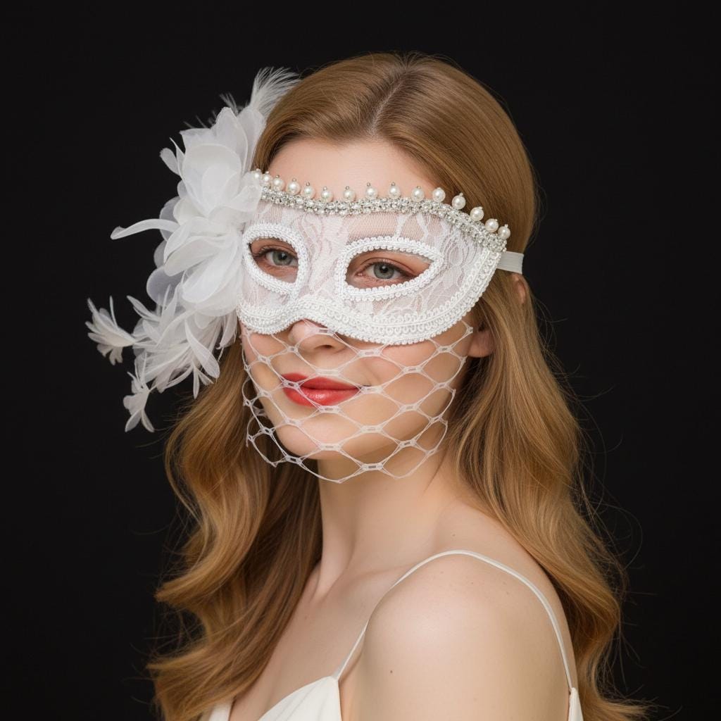 Handcrafted White Pearls Masquerade Mask with feather, pearl