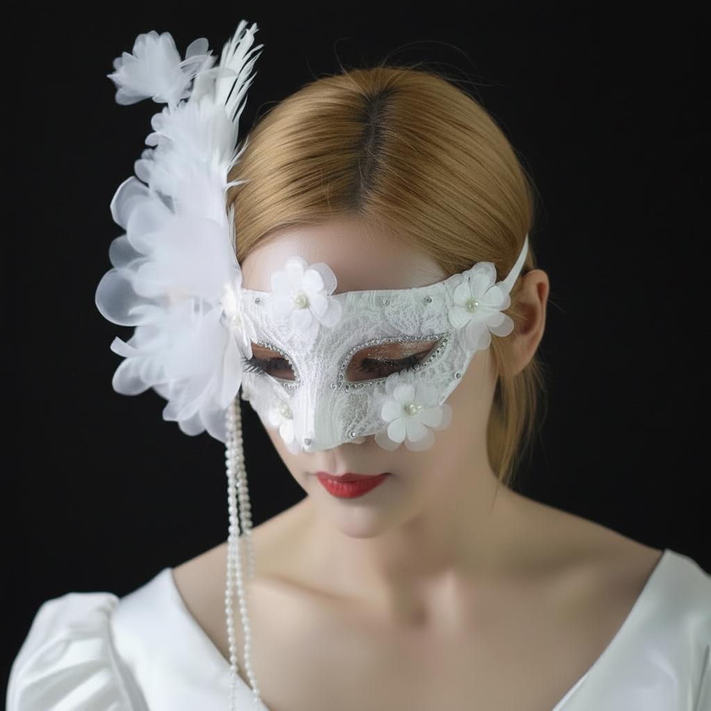 Artistic design details of the White Pearls Masquerade Mask