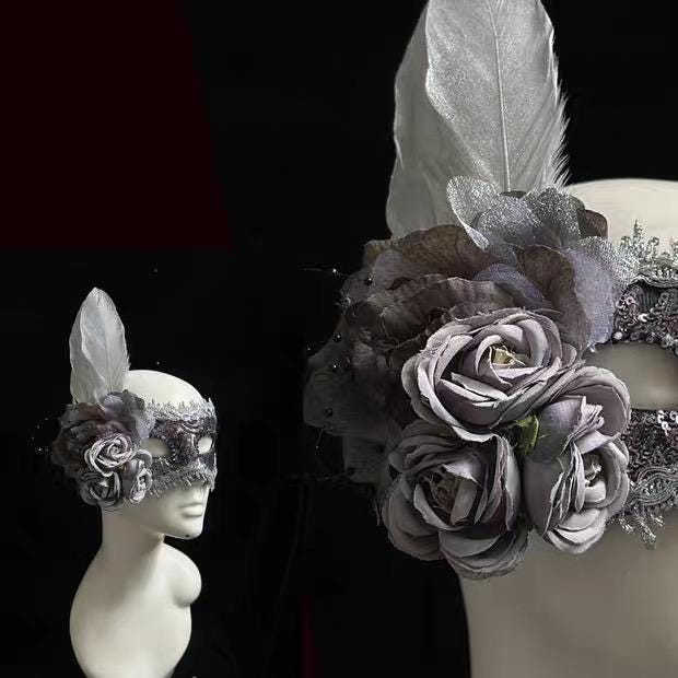 Additional handmade details of the Purple Floral Feathers Masquerade Mask