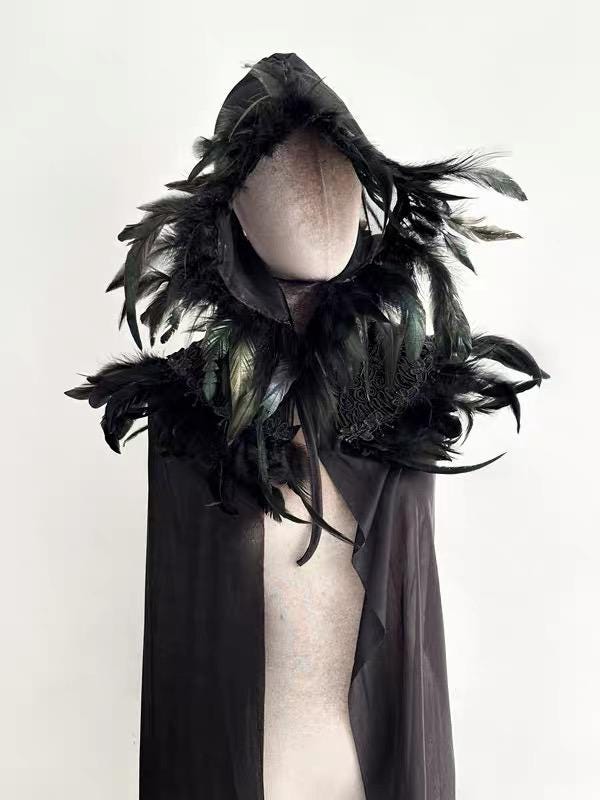 Black Feather Hooded Gothic Witch Fantasy Cape showing its carefully made details