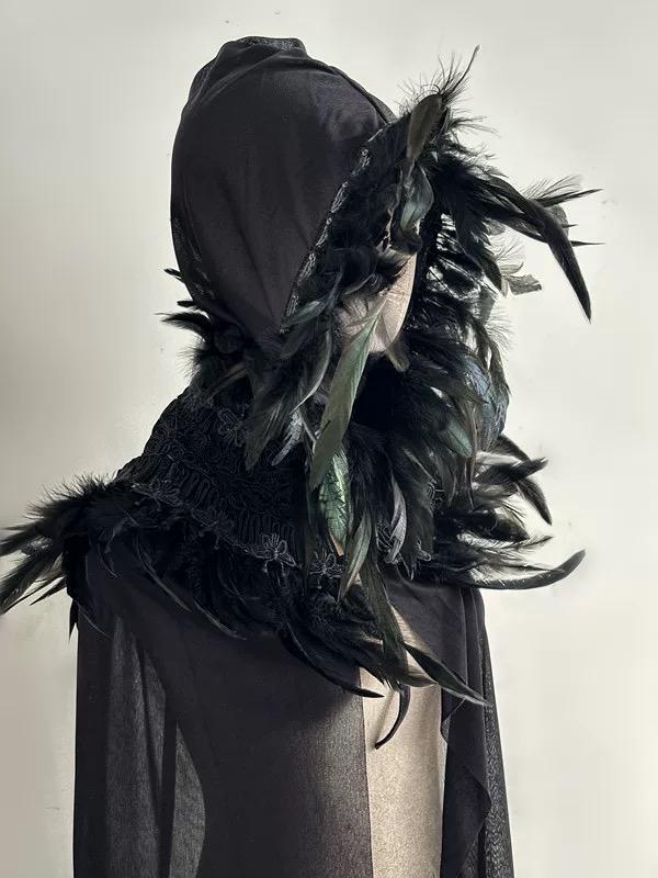 Black Feather Hooded Gothic Witch Fantasy Cape displayed as wearable art