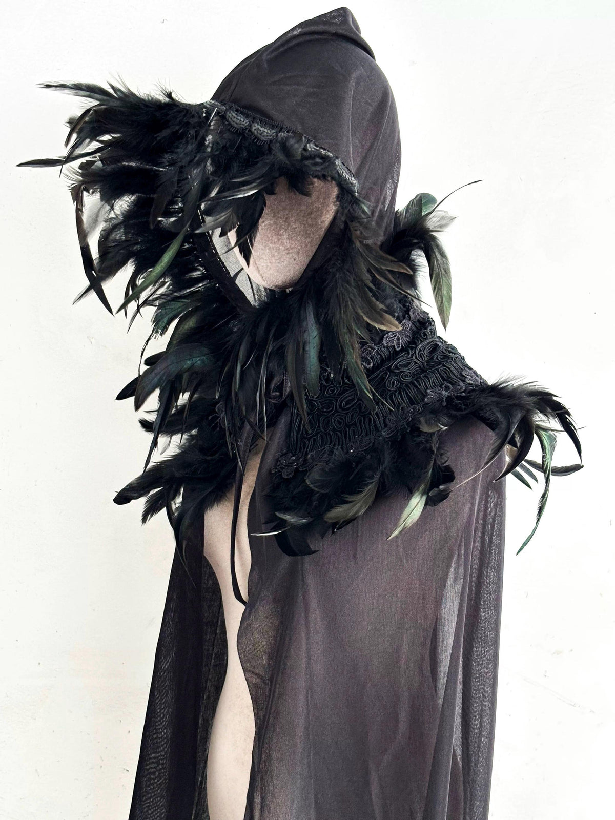 Artistic design details of the Black Feather Hooded Gothic Witch Fantasy Cape