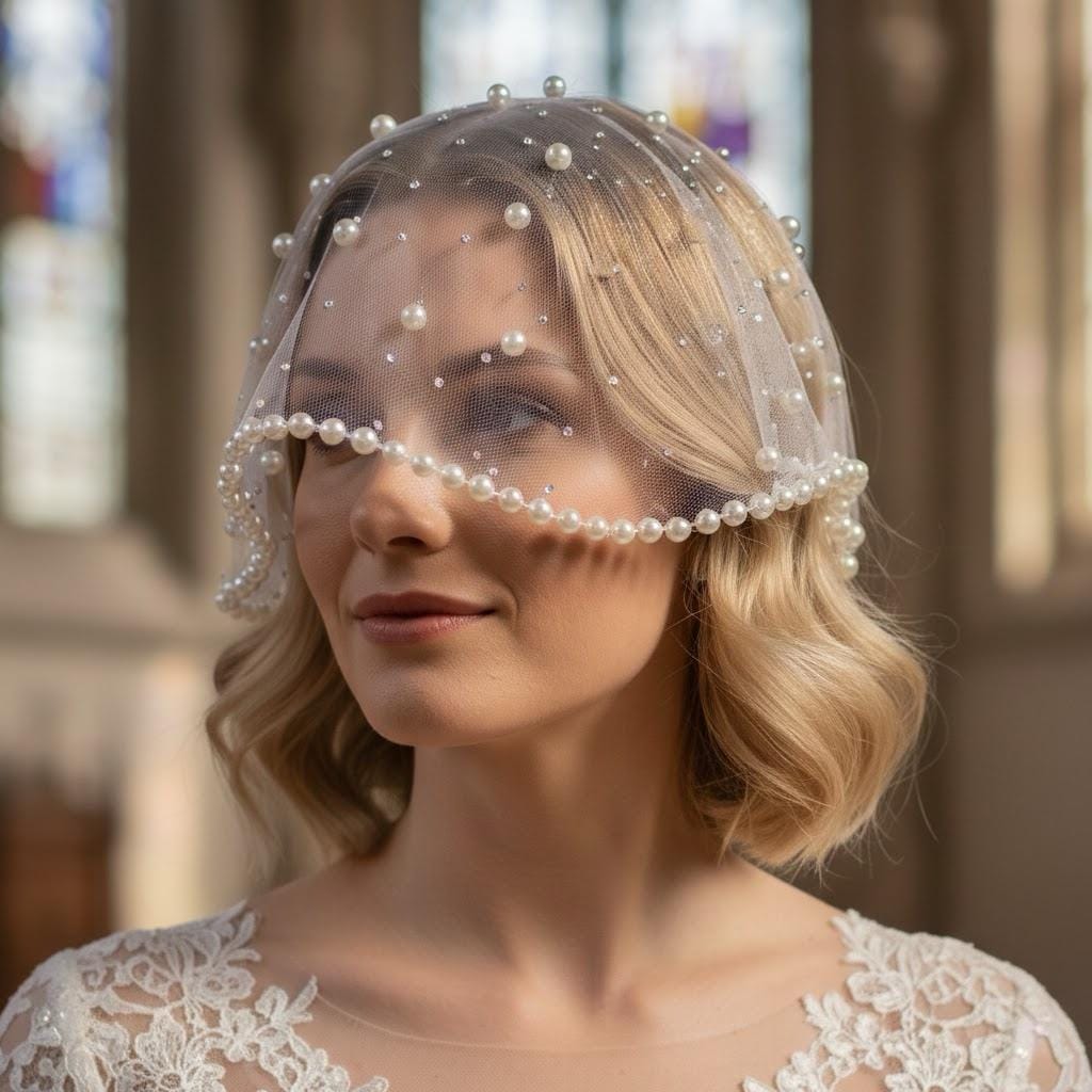 Handcrafted White Short Pearl Bridal Veil by EclipseAdorn
