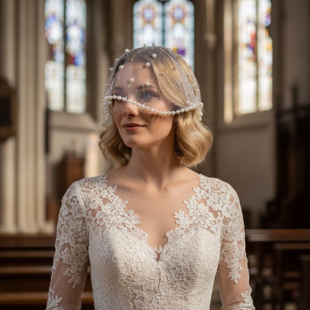 White Short Pearl Bridal Veil showing its carefully made details