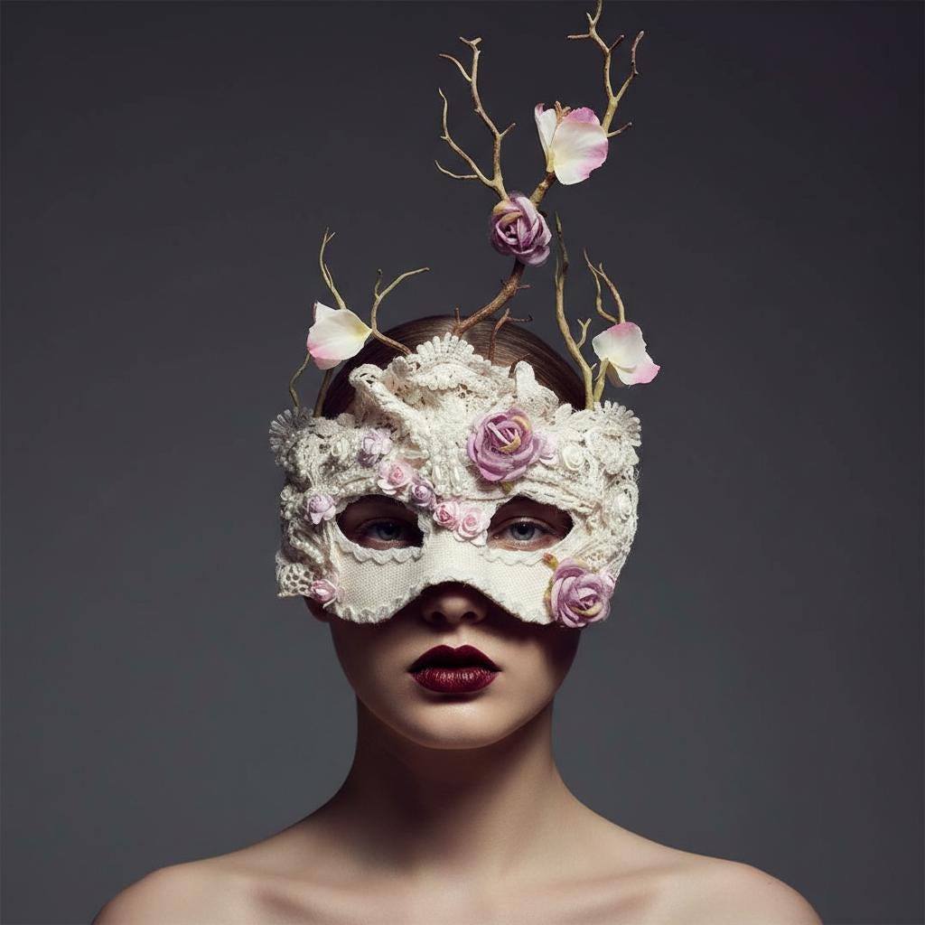 Ivory Romantic Floral Vertical Branch Details Masquerade Mask showing its carefully made details