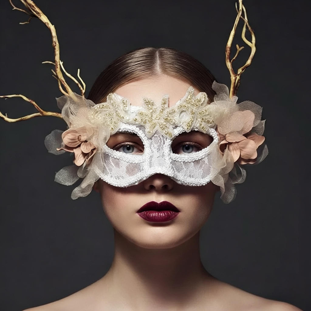 Ivory Romantic Floral Vertical Branch Details Masquerade Mask displayed as wearable art