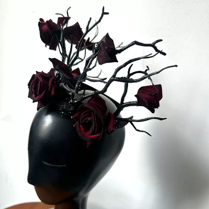 Black & Red Antler Branch Butterflies Roses Crown showing its carefully made details