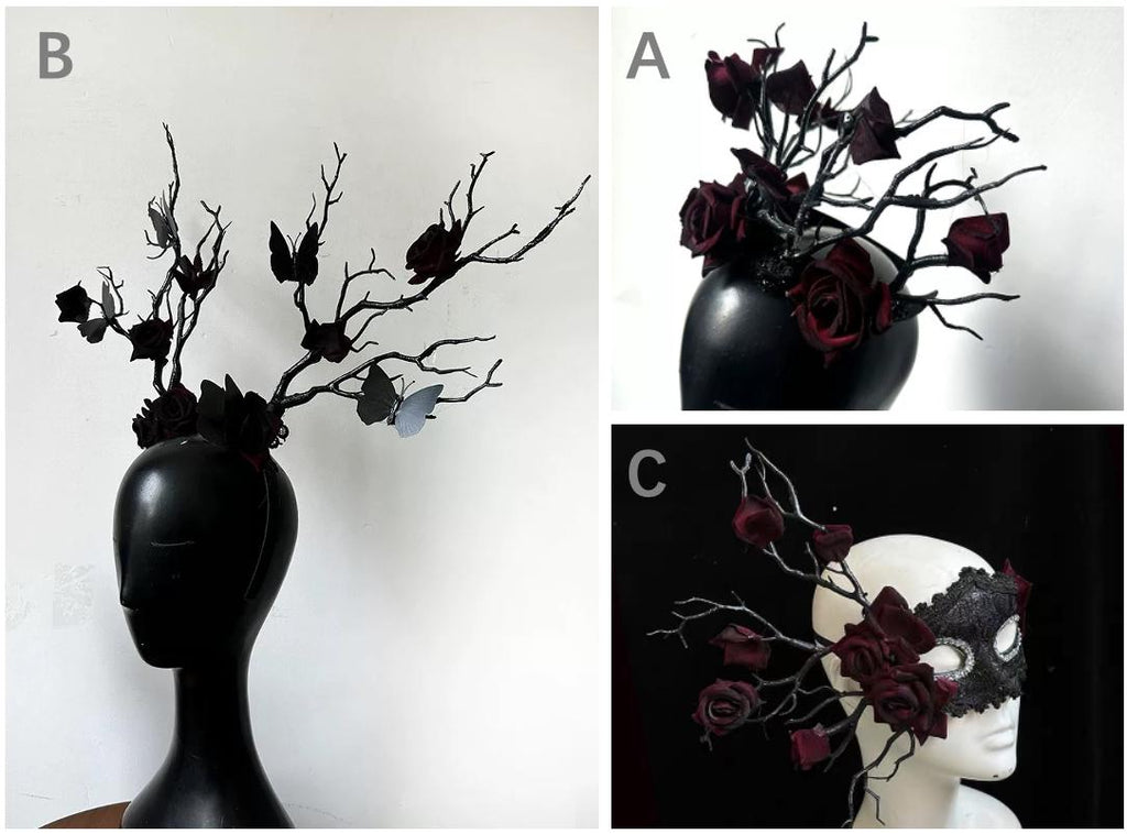 Made-to-order Black & Red Antler Branch Butterflies Roses Crown by EclipseAdorn