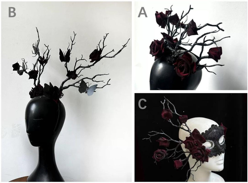 Made-to-order Black & Red Gothic Branch Dark Roses Headband by EclipseAdorn