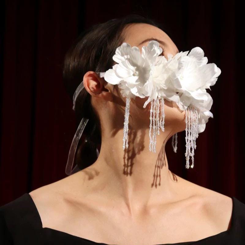 White Avant-Garde Floral Silk Blossoms Crystal Masquerade Mask showing its carefully made details