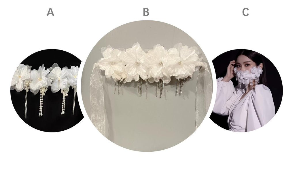 Additional handmade details of the White Avant-Garde Floral Silk Blossoms Crystal Masquerade Mask