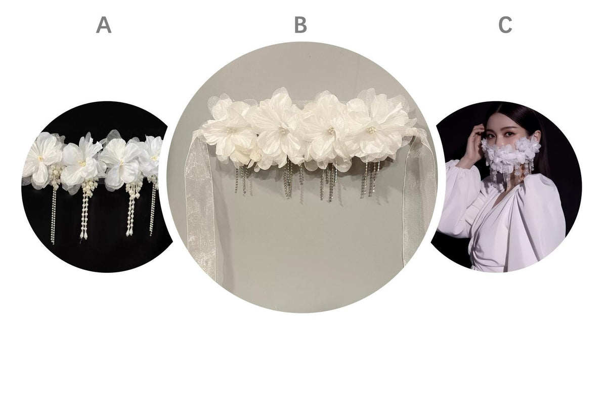 Additional handmade details of the White Avant-Garde Floral Silk Blossoms Crystal Masquerade Mask
