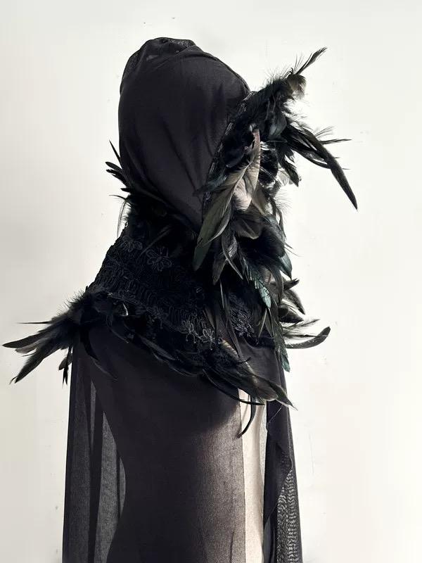 Detailed view of the handmade Black Feather Hooded Gothic Witch Fantasy Cape