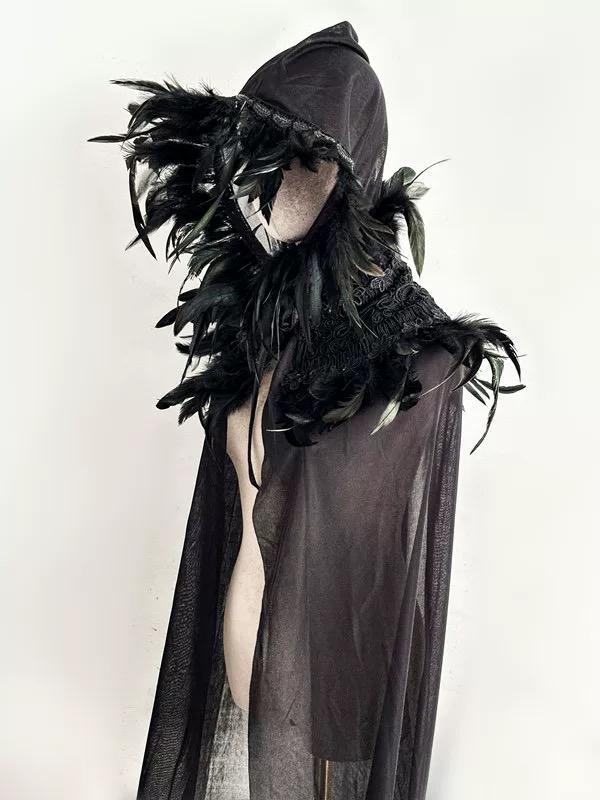 Additional handmade details of the Black Feather Hooded Gothic Witch Fantasy Cape