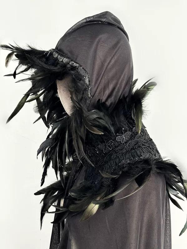 Made-to-order Black Feather Hooded Gothic Witch Fantasy Cape by EclipseAdorn