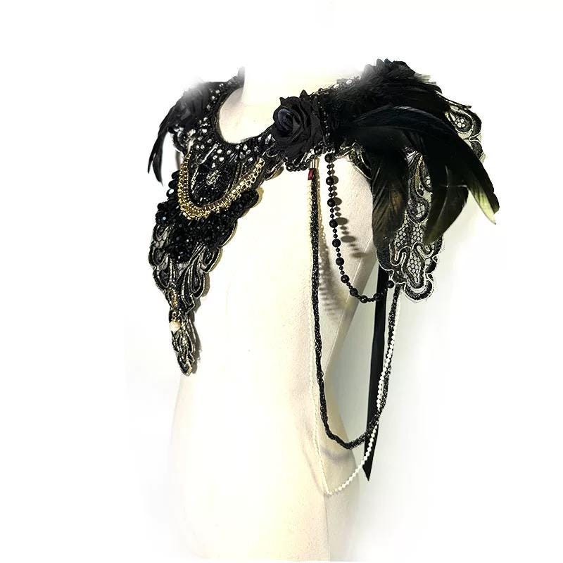 Handcrafted Black Gothic Feather Collar Lace Embroidery Baroque Cape with feather, lace