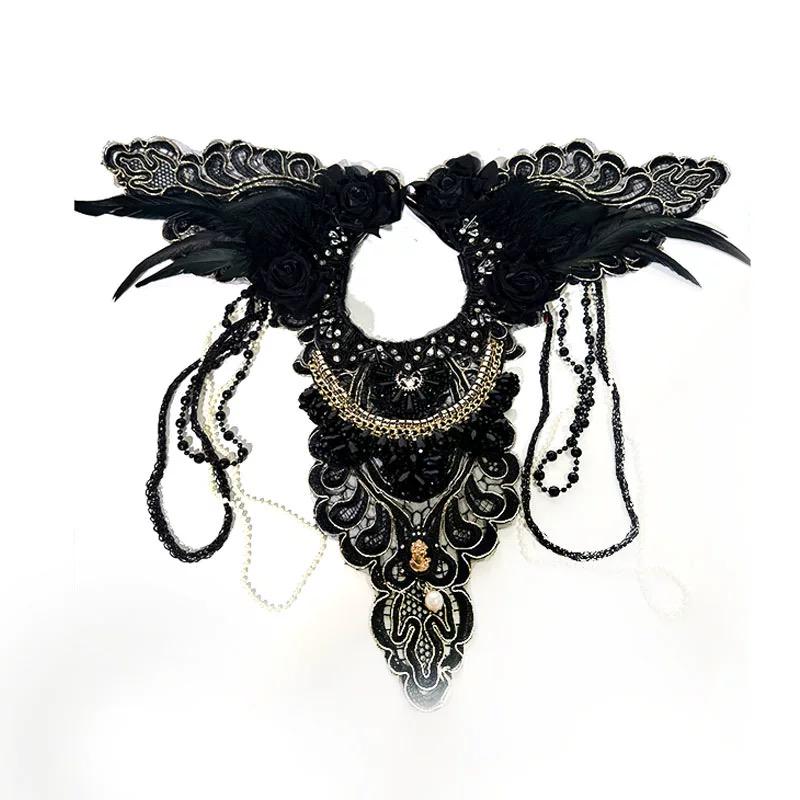 Black Gothic Feather Collar Lace Embroidery Baroque Cape showing its carefully made details