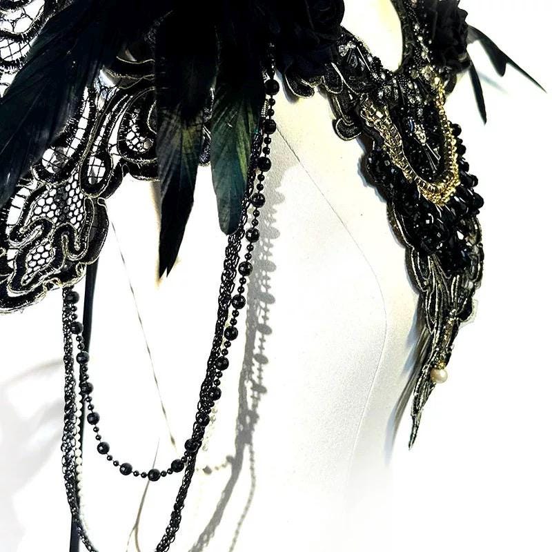 Detailed view of the handmade Black Gothic Feather Collar Lace Embroidery Baroque Cape