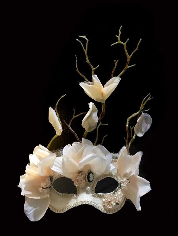Handcrafted Ivory Romantic Floral Vertical Branch Details Masquerade Mask with floral
