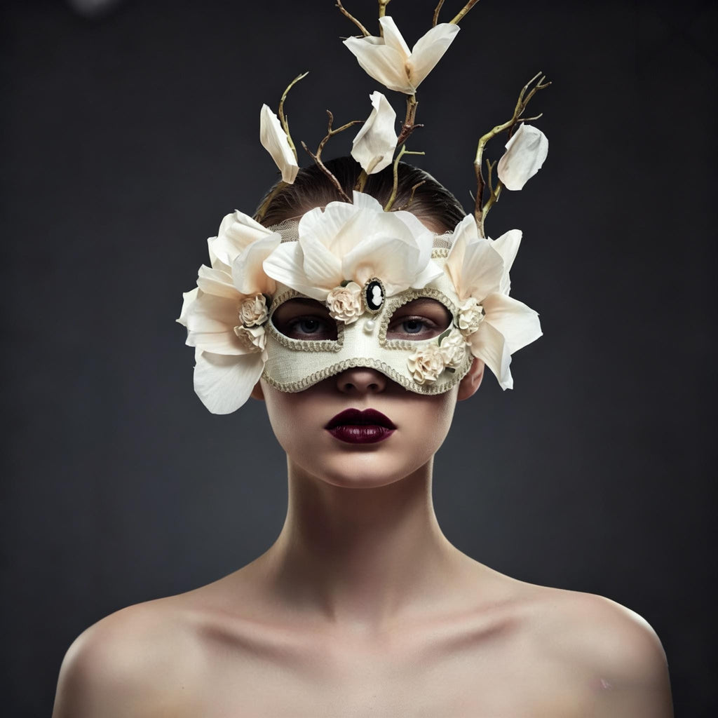 Handcrafted Ivory Romantic Floral Vertical Branch Details Masquerade Mask by EclipseAdorn