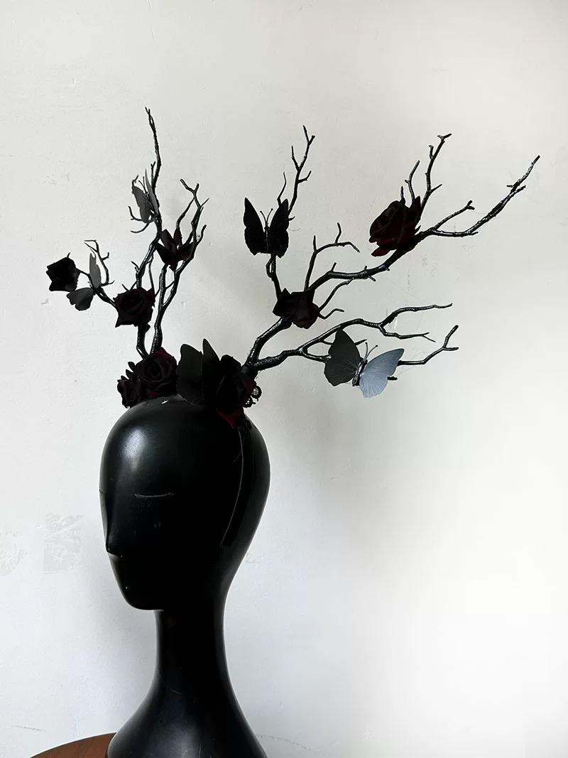 Handcrafted Black & Red Antler Branch Butterflies Roses Crown with flower, veil