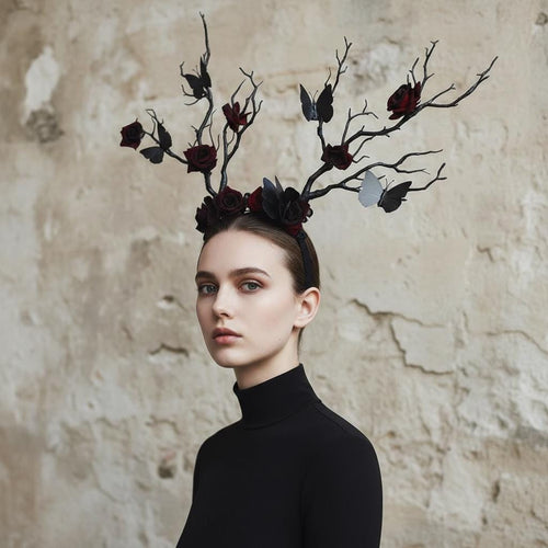 Handcrafted Black & Red Antler Branch Butterflies Roses Crown by EclipseAdorn