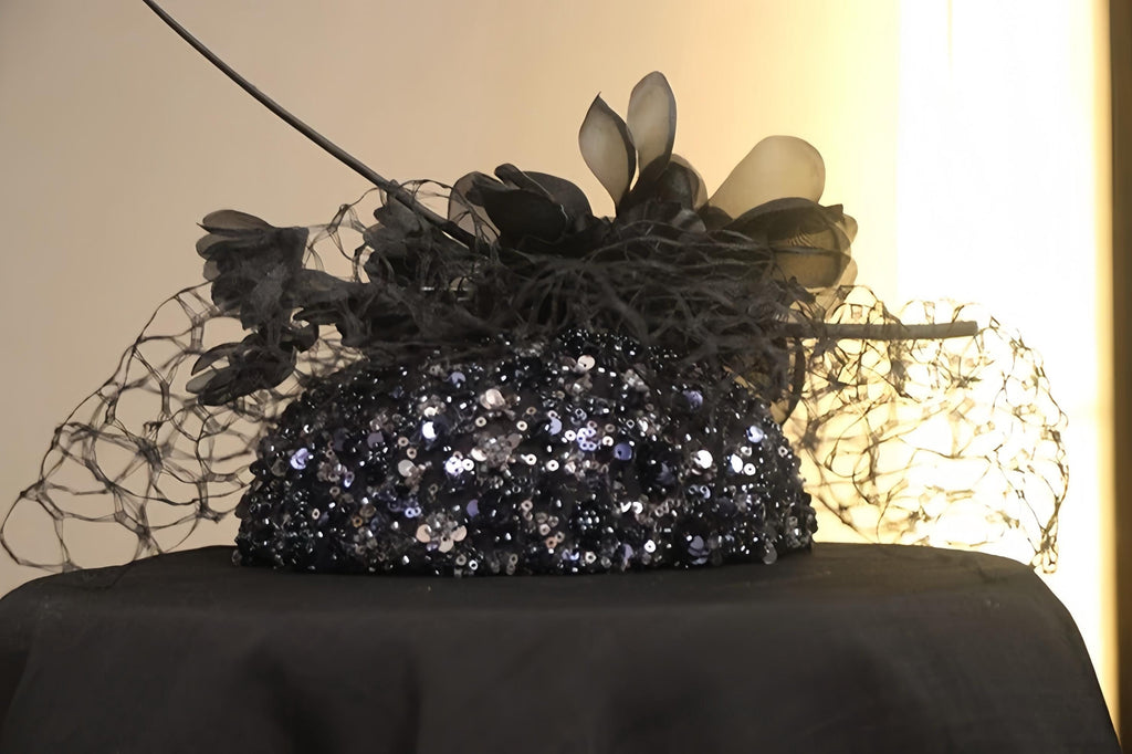 Detailed view of the handmade Black Sequin Flower Pillbox Hat