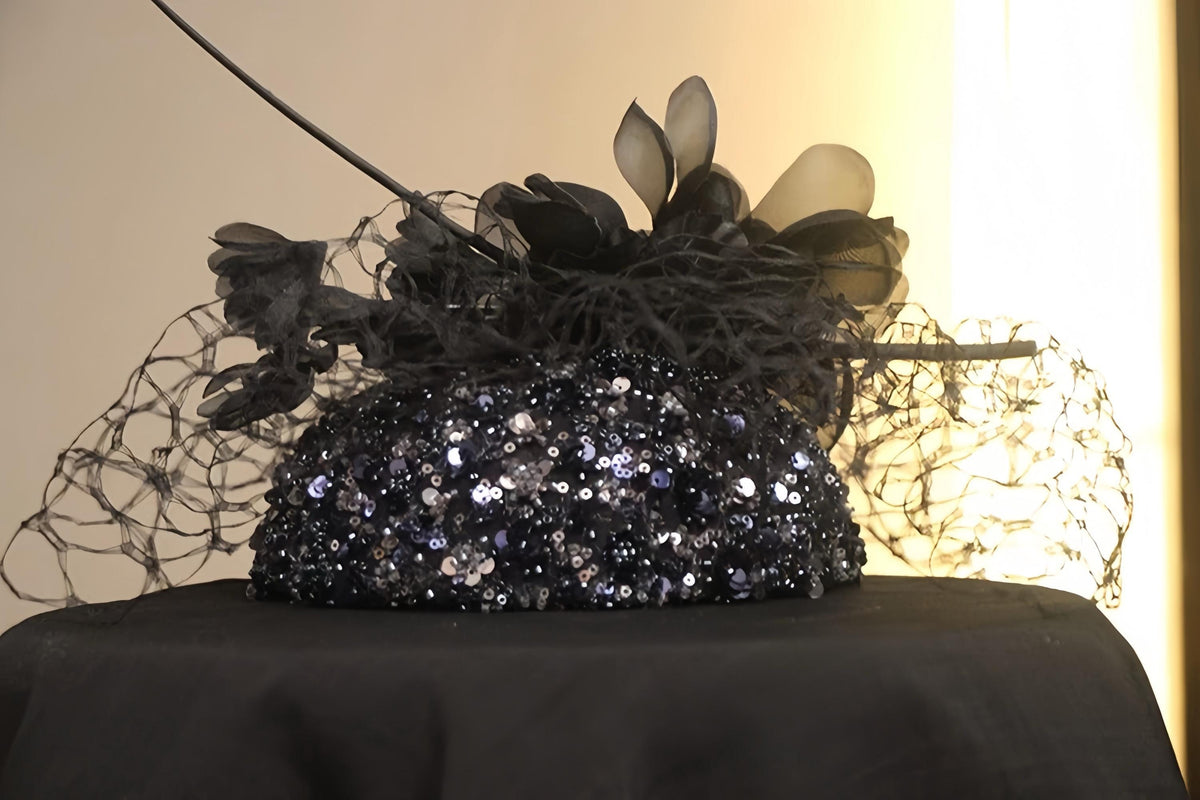 Detailed view of the handmade Black Sequin Flower Pillbox Hat