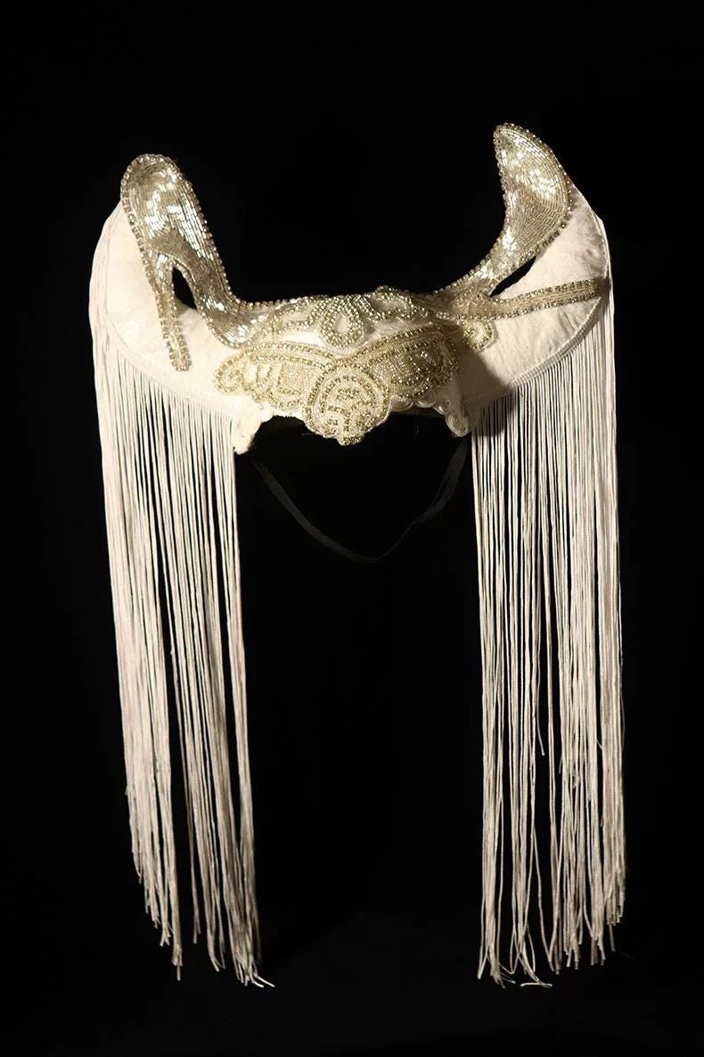 Artistic design details of the Red Sequin Devil Horns Long Fringe Headpiece