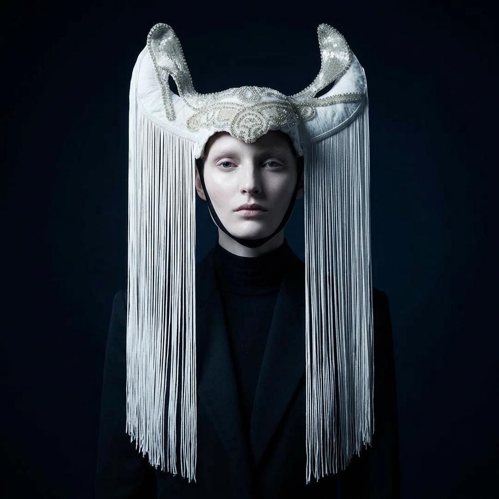 Handcrafted Silver & White Embroidered Horns Headpiece by EclipseAdorn