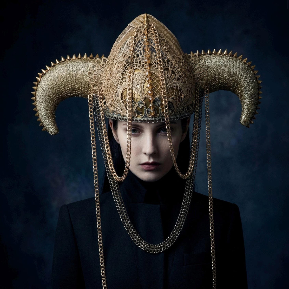 Artistic design details of the Silver & White Embroidered Horns Headpiece